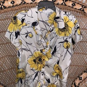 St. John Yellow and Black Floral Silk Blouse